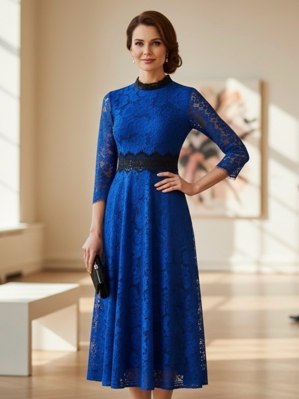 Zulily Cobalt Blue & Black Lace Midi Dress – Elegant Flare, Size 4
